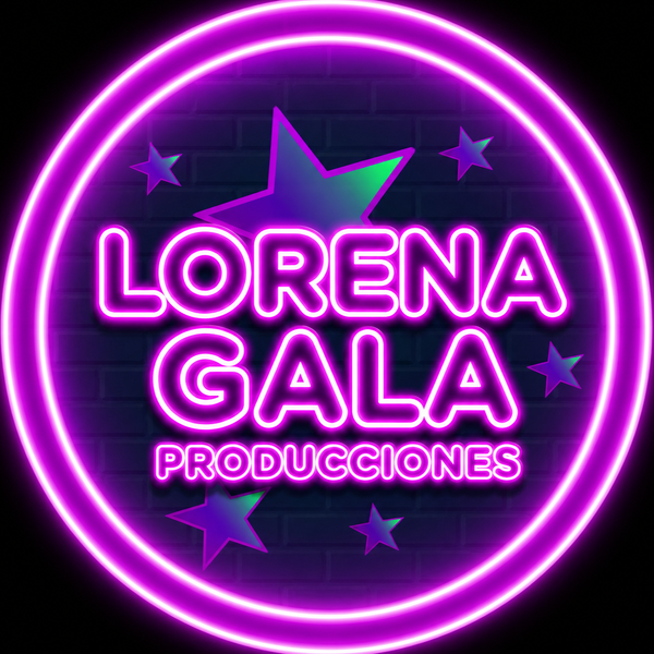 Logotipo de color púrpura neón con la inscripción “LORENA GALA PRODUCCIONES” dentro de un marco circular brillante con estrellas.