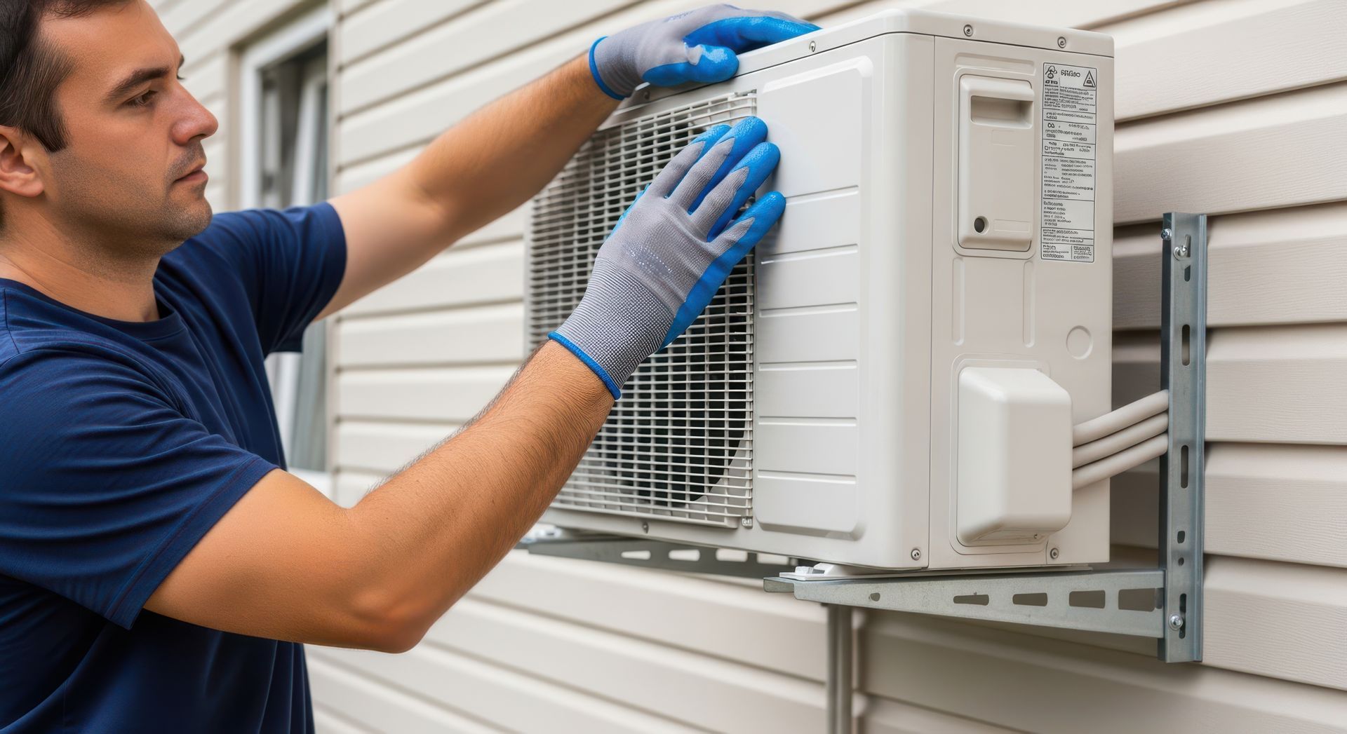 A gloved technician performs air conditioning repair on an outdoor condenser unit mounted outside. A gloved technician performs air conditioning repair on an outdoor condenser unit mounted outside.