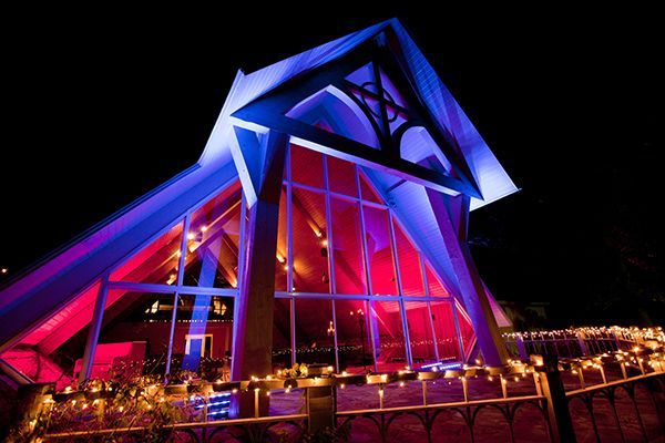 wedding venue at night at Camp Loughridge in Tulsa Oklahoma