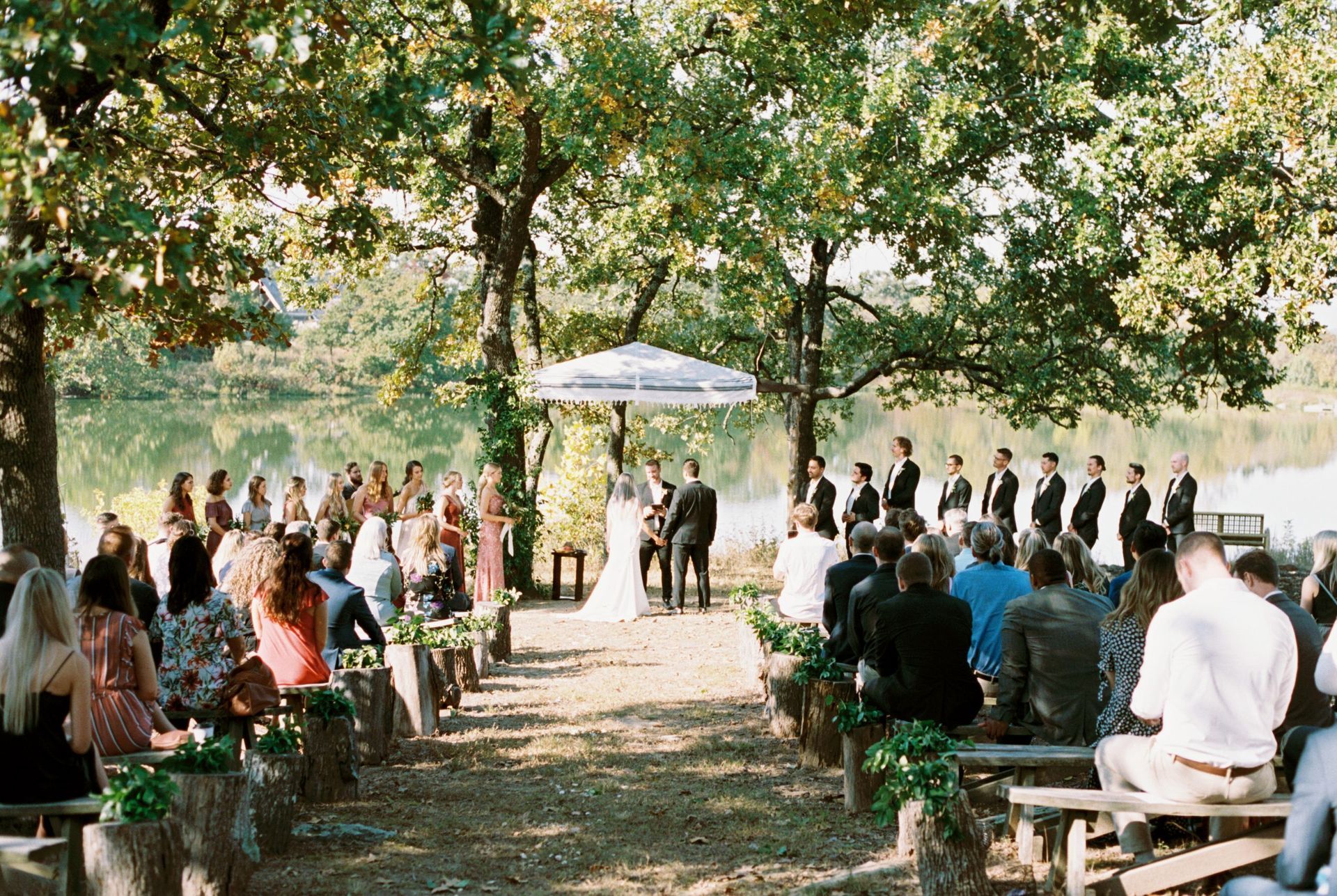 wedding gathering by the lake at Camp Loughridge in Tulsa Oklahoma