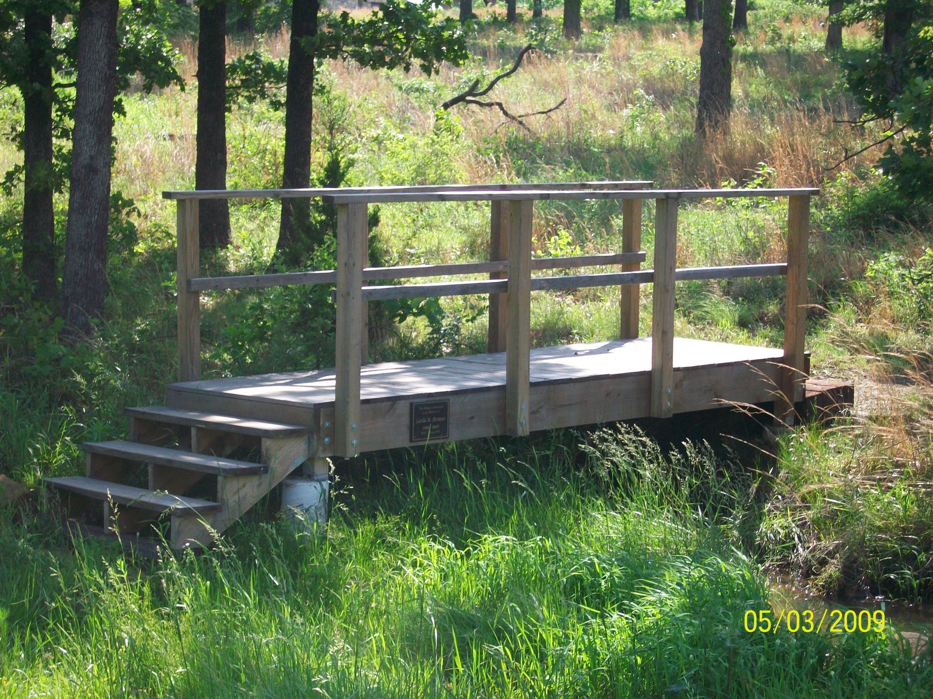 A wooden bridge in the middle of a grassy field