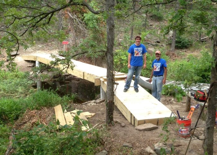 Two men in blue shirts are standing on a wooden bridge