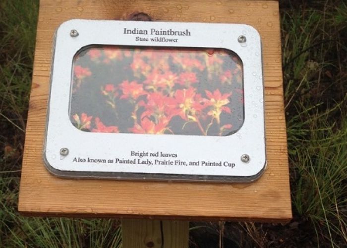 A wooden sign with a picture of flowers on it