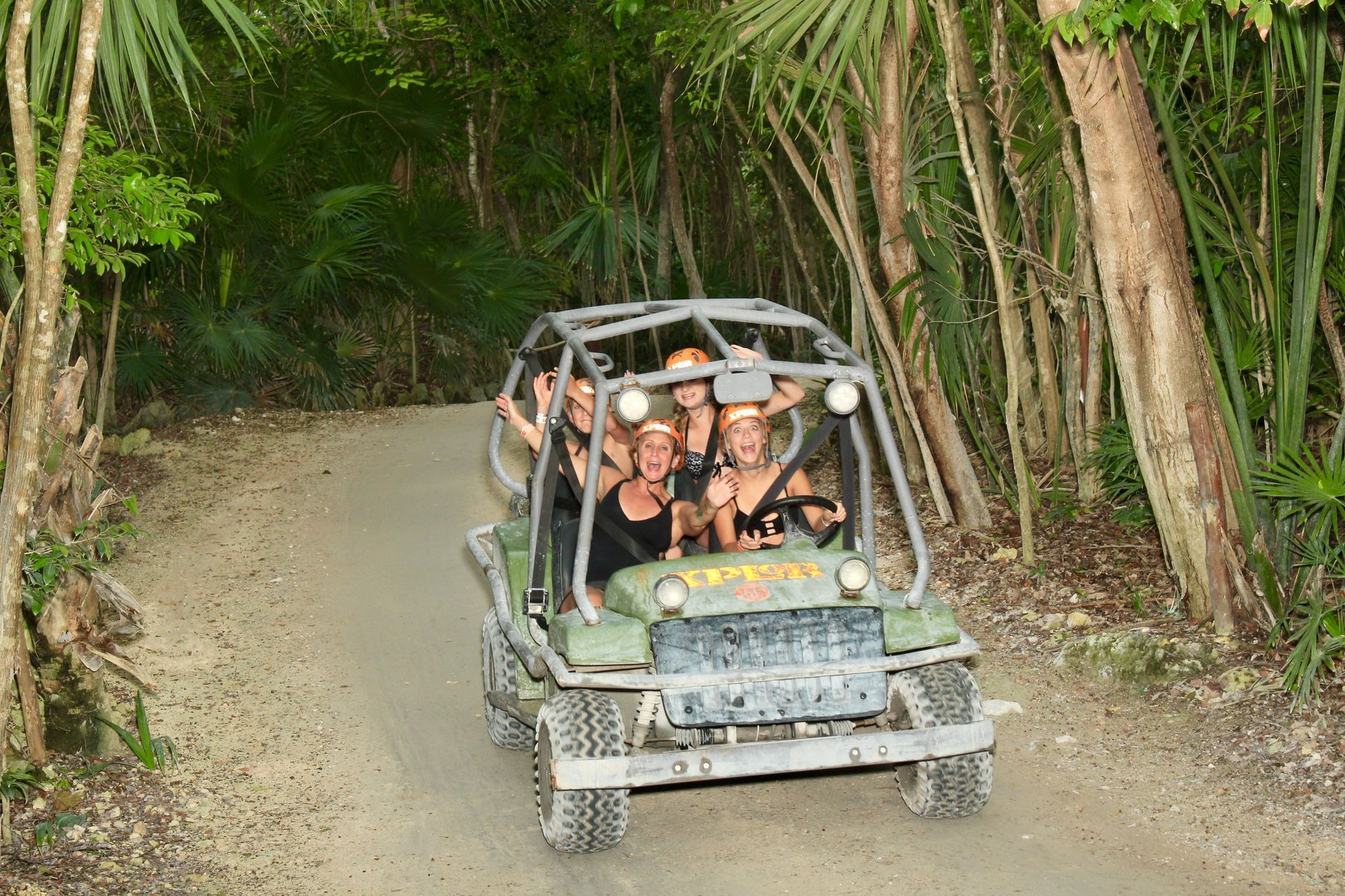 People in open-air jeep driving on dirt road through lush green jungle.