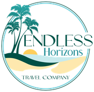 Beach scene logo: palm trees, ocean, sunset, and "Endless Horizons Travel Company" in a circular design.