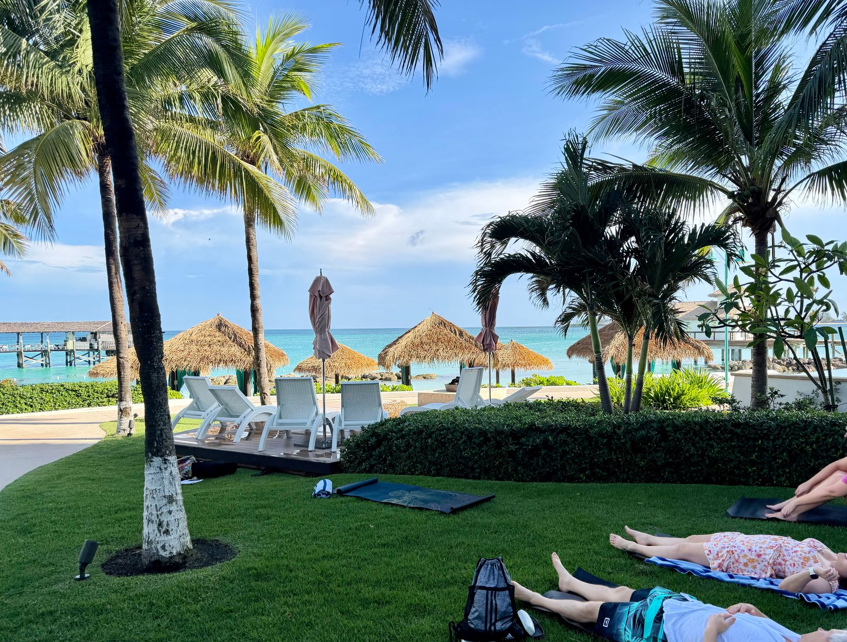 People doing yoga on grass near a beach resort with palm trees and loungers under a blue sky