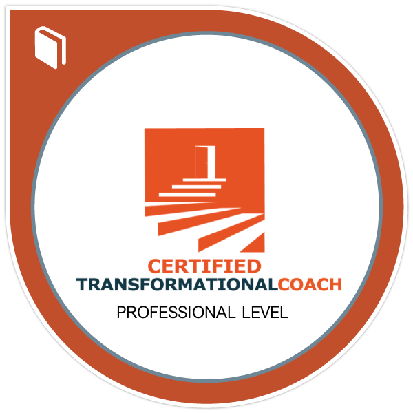 Gecertificeerd transformatiecoach-badge op professioneel niveau met oranje en wit design.