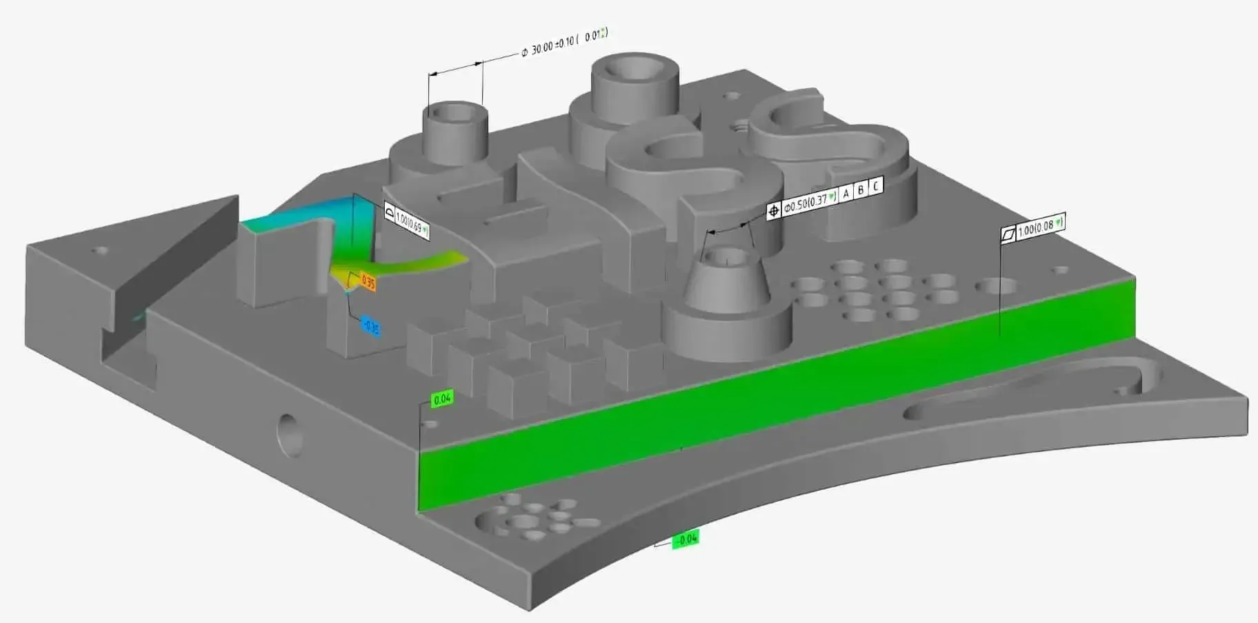 Voorbeeld van een 3D-meetrapport met toleranties en kleurplot