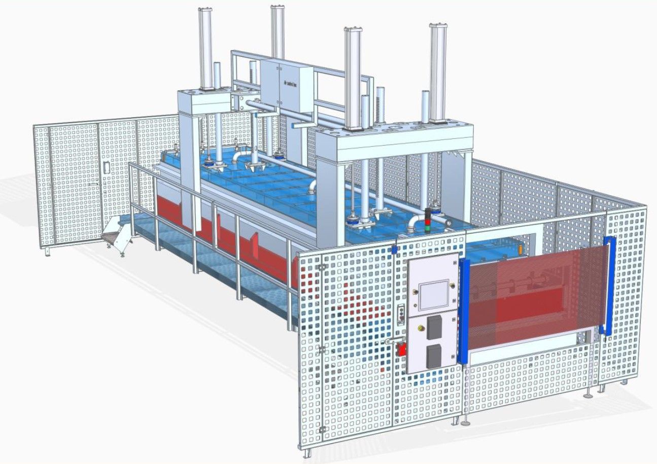 3D-CAD-model van kaaspers met veiligheidshekwerk en toegangsdeuren