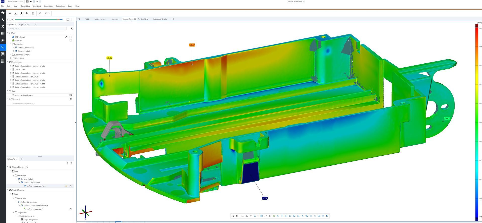 Kleurplot van 3D-scan ten opzichte van een nominaal CAD-model