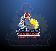 Logo for Acme AC and Generator: Technician holding tool, with AC unit, sun, and cold elements. Phone number included.