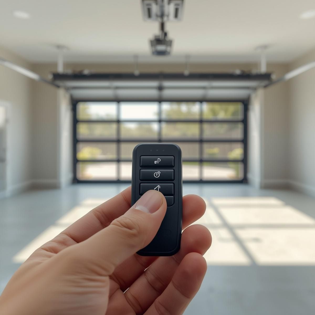 Hand holding a black garage door opener in a bright empty garage
