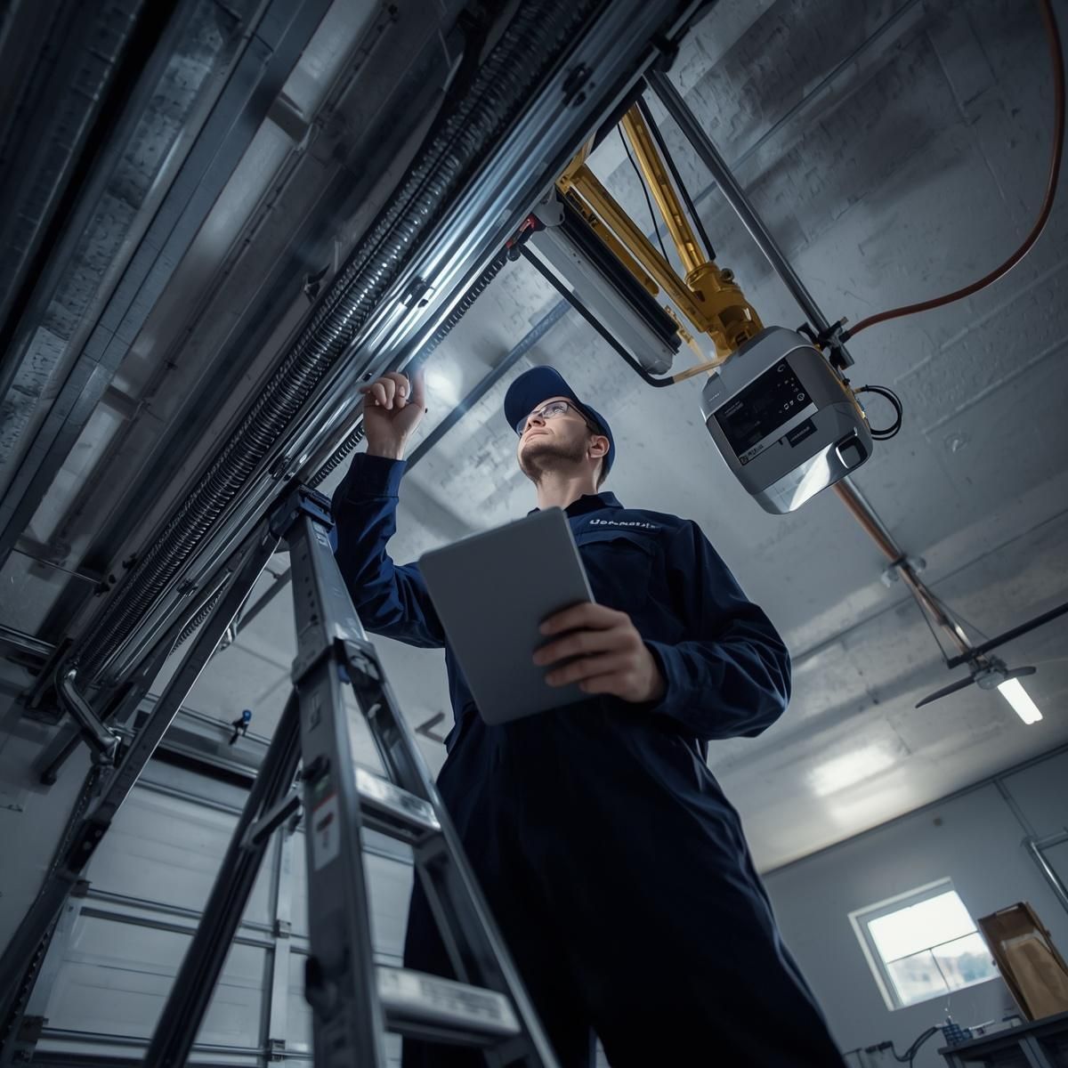 Technician inspecting overhead machinery in an industrial facility, holding a tablet.