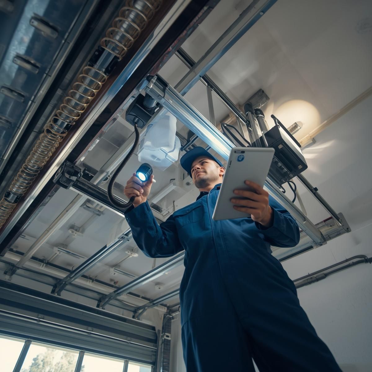 Technician in blue coveralls inspecting ceiling pipes with a tablet and flashlight in an industrial facility