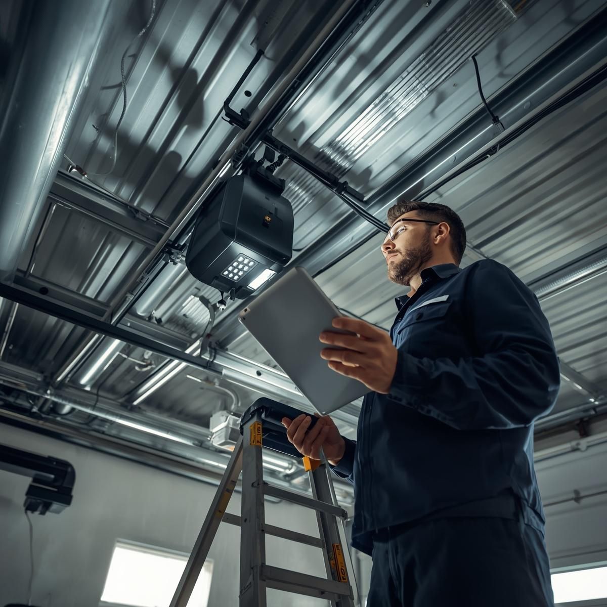 Technician inspecting overhead equipment in an industrial ceiling space with ladder and clipboard