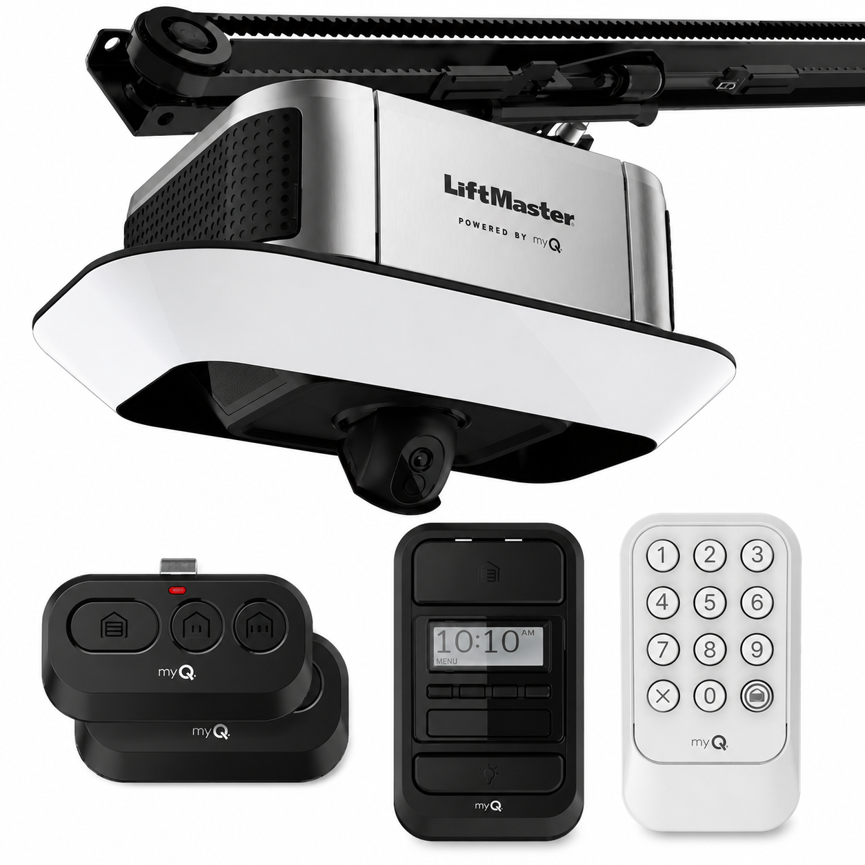 Technician on a ladder adjusting a ceiling-mounted garage door opener indoors