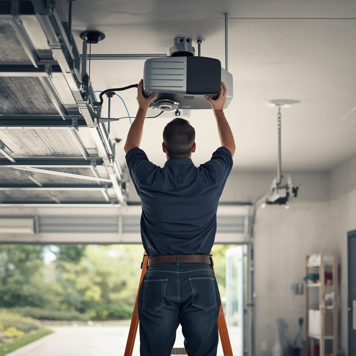 Person installing a garage door opener overhead in a garage, with a ladder and open door nearby