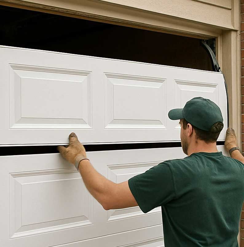 Man installing a white garage door panel into an open garage doorway.