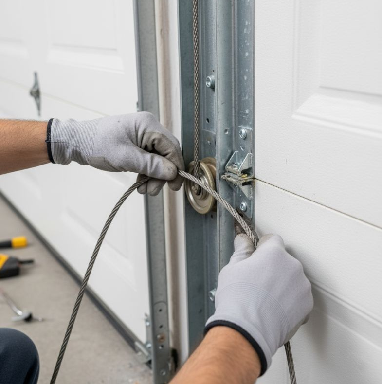 Gloved hands threading a cable through a garage door lock mechanism