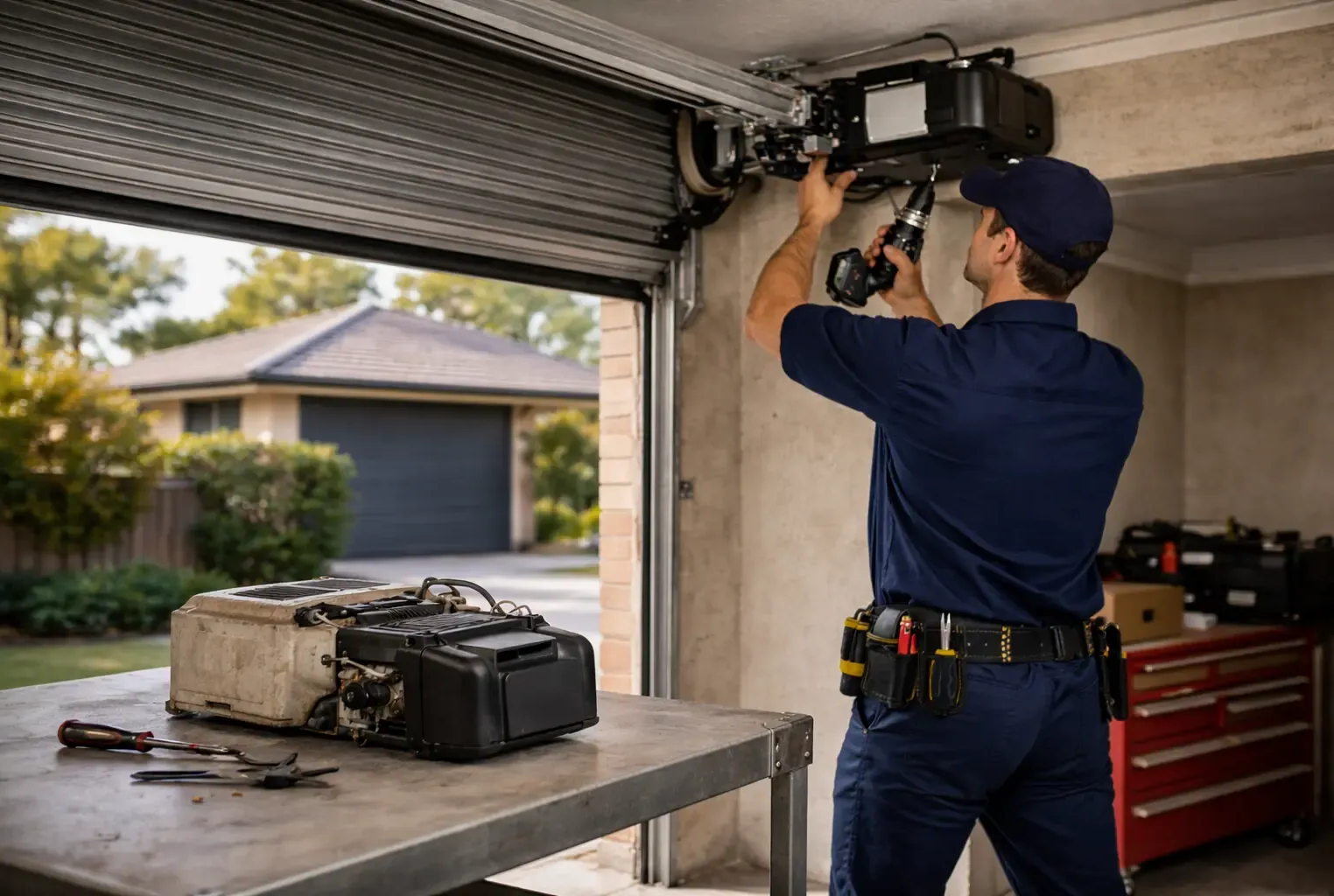 Technician in navy uniform repairs a garage door opener inside a garage, tools on a worktable nearby.