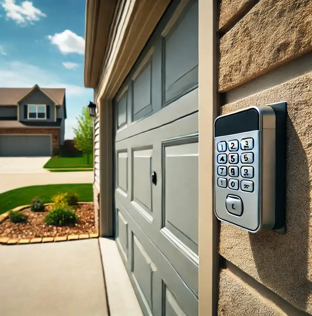 Garage keypad mounted on a beige house wall beside a driveway and suburban street
