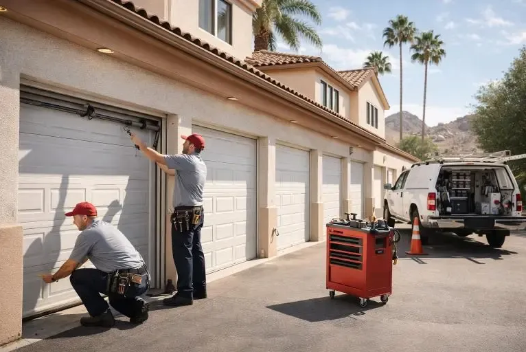Two workers service white garage doors beside a red tool cart and white truck in a sunny driveway