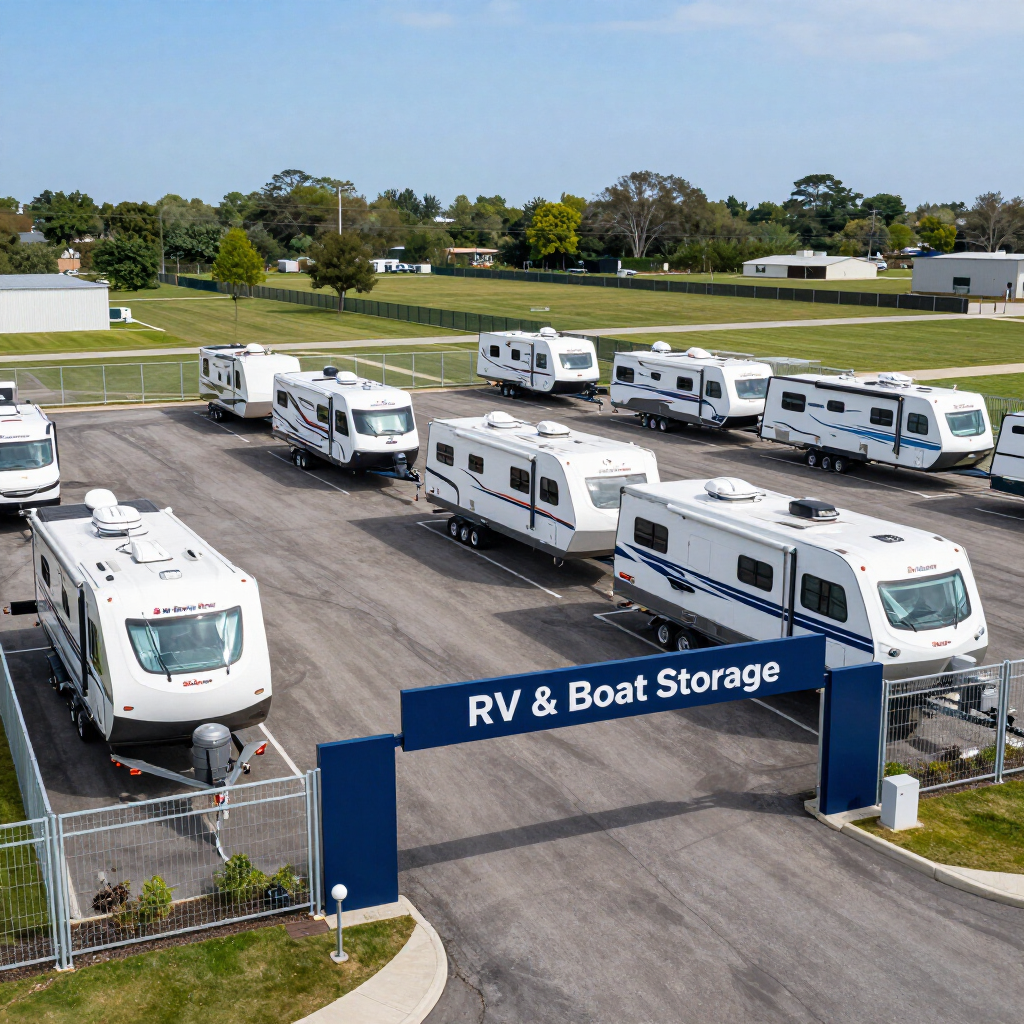 RV and boat storage lot with several white RVs behind a blue entrance sign