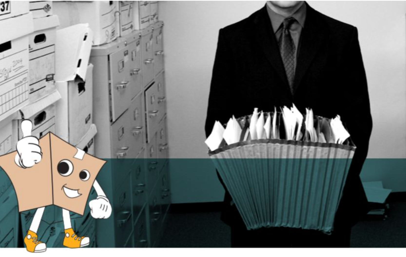 Cartoon folder mascot beside filing cabinets and a businessman holding a large folder of papers