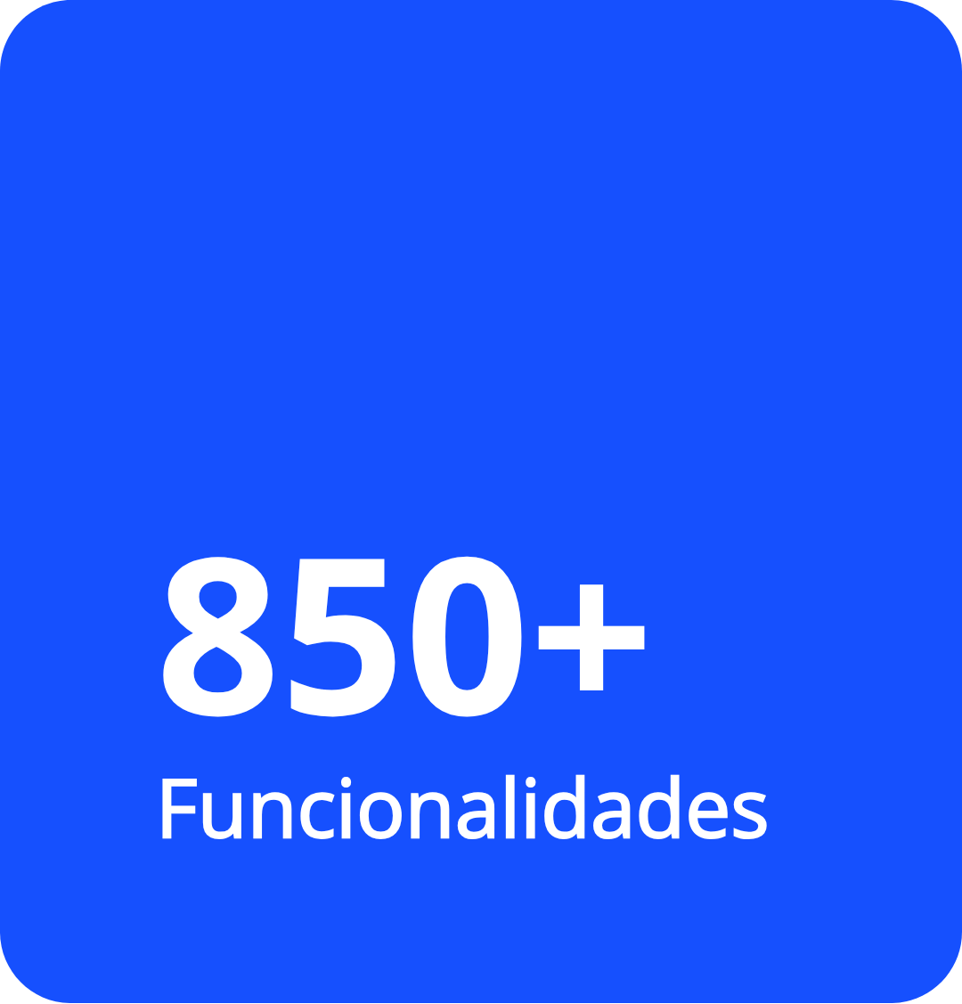 Um quadrado azul com as palavras 850+ funcionalidades nele