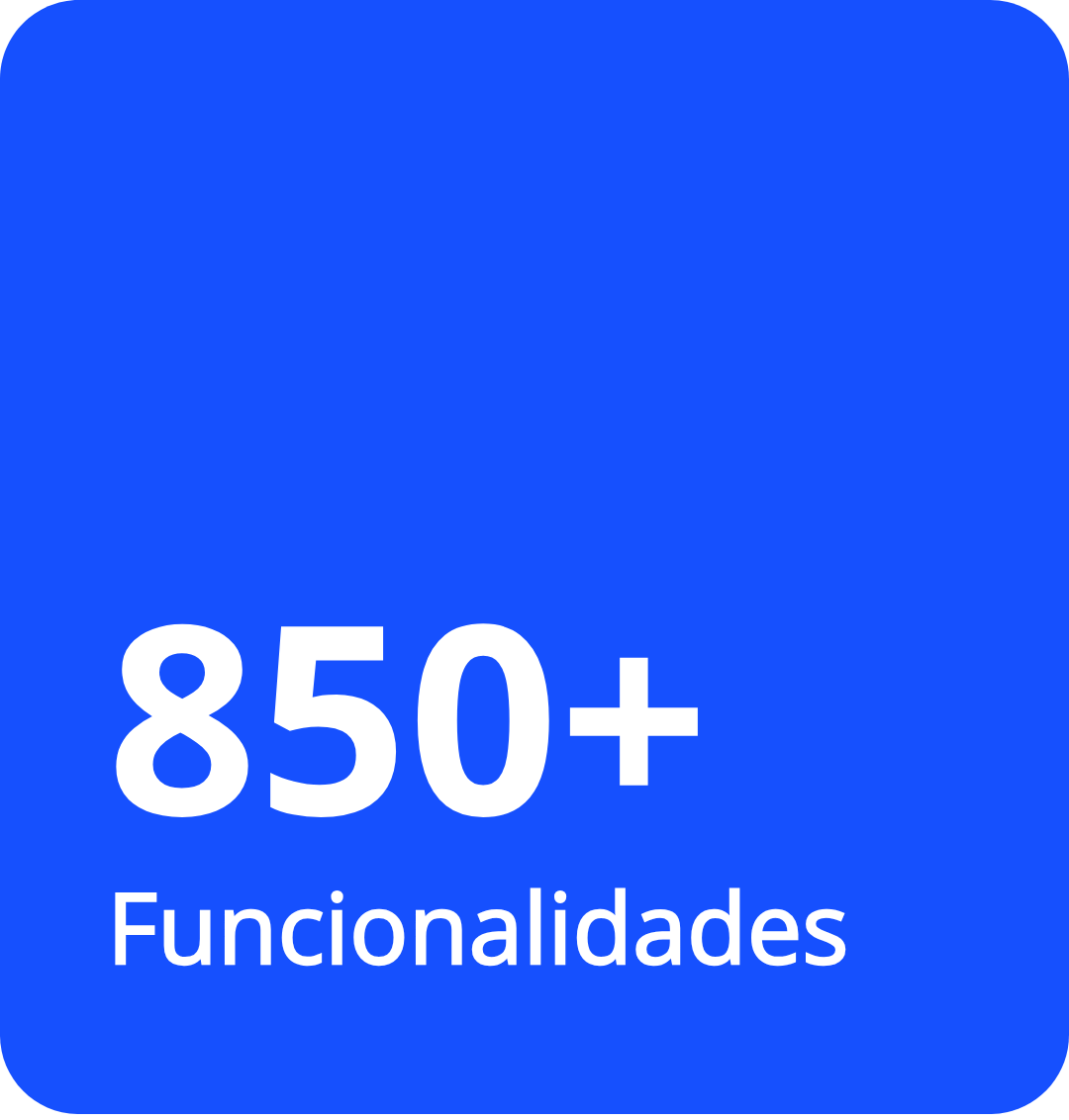 Um quadrado azul com as palavras 850+ funcionalidades nele