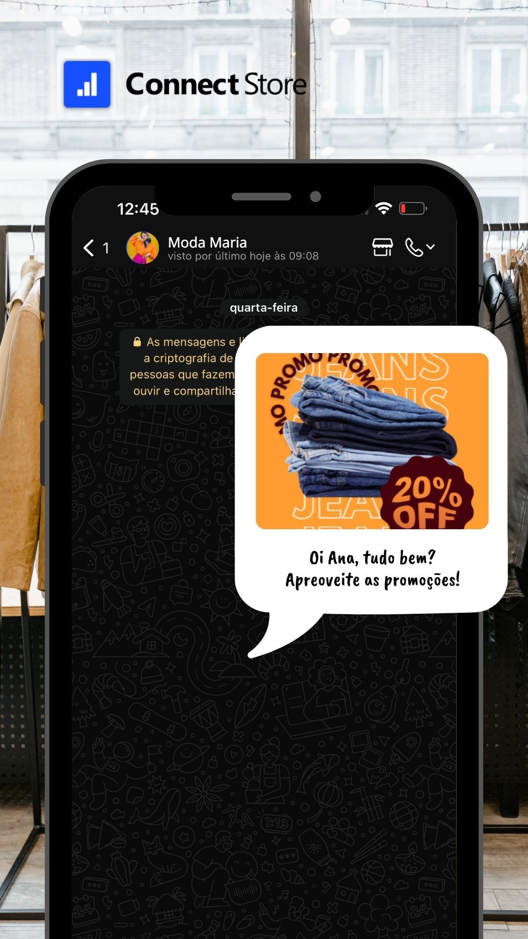 Um smartphone exibindo uma promoção de loja de roupas com 20% de desconto.