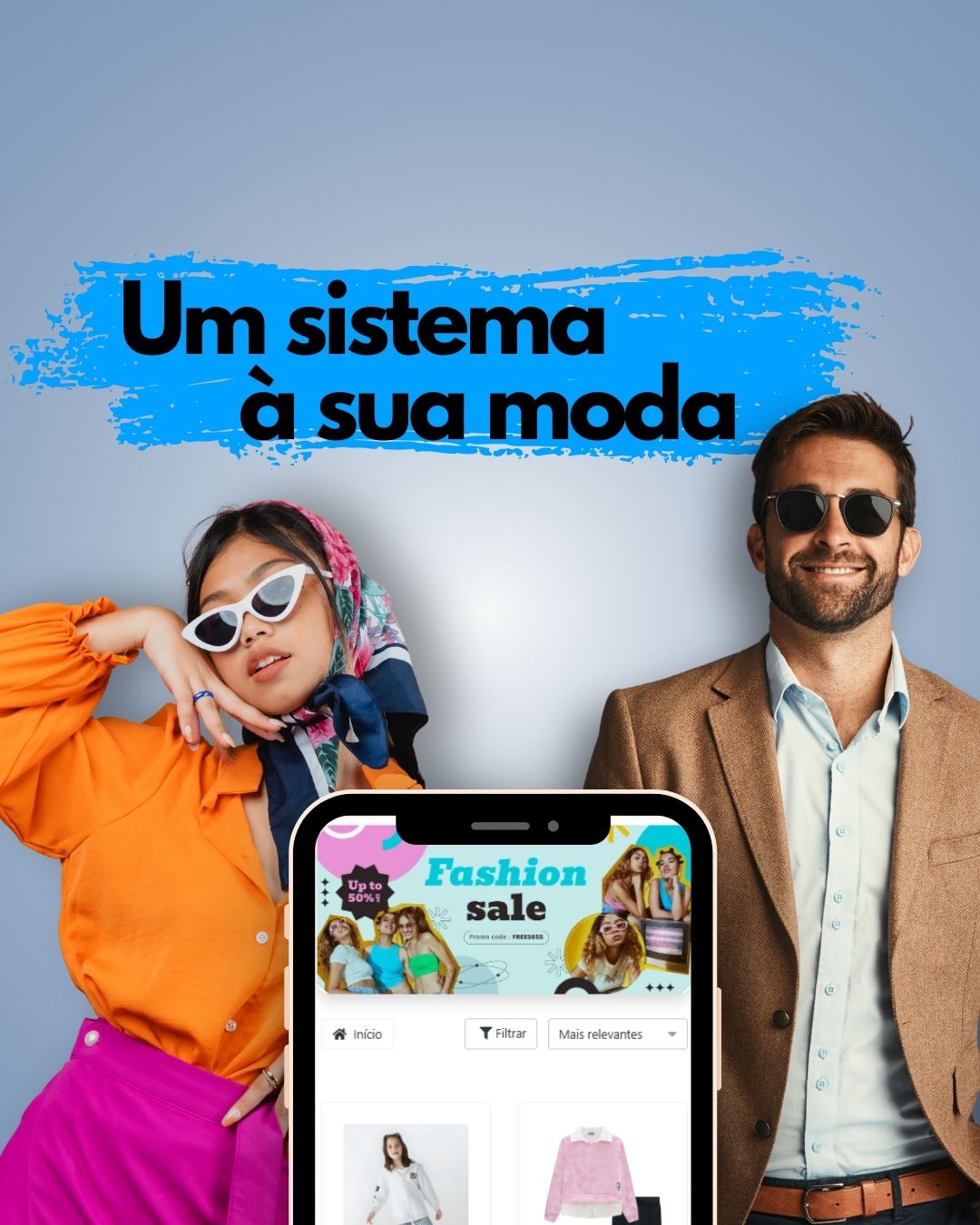 Stylish people with a phone showcasing a fashion app; text