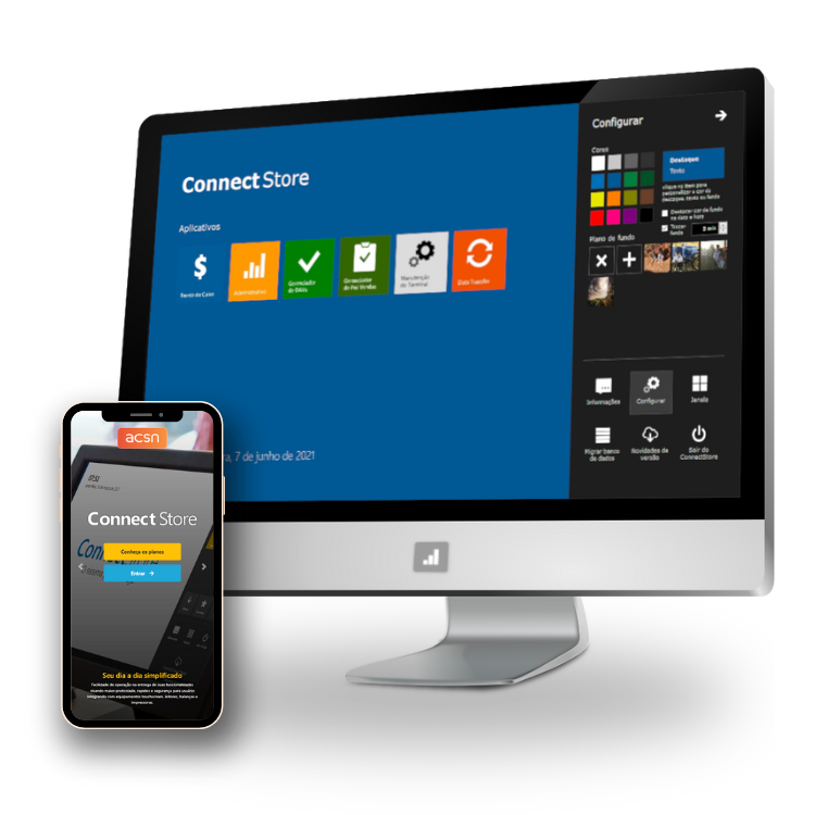 Tela do computador e smartphone exibindo uma interface "Connect Store" com opções de configuração.