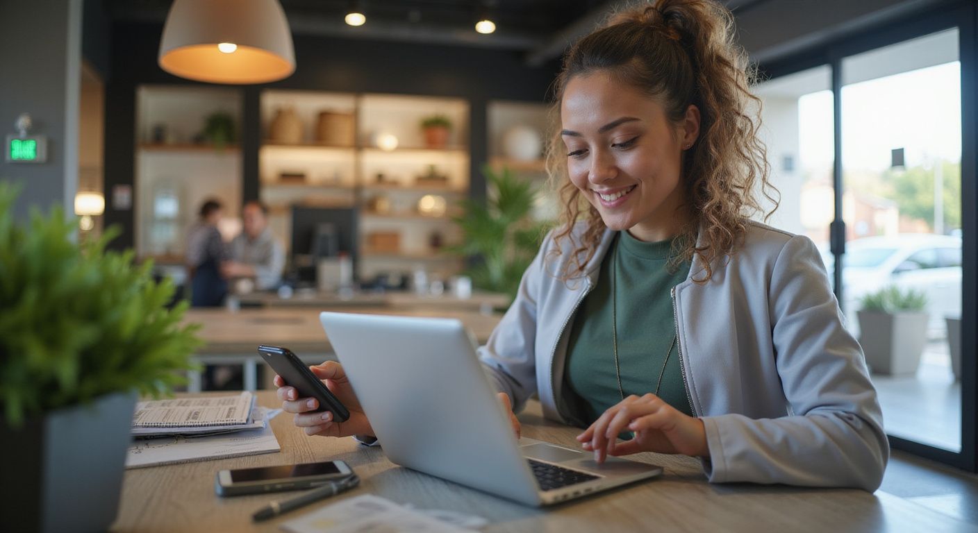 Mulher com cabelos cacheados sorri enquanto trabalha em um laptop e segura um telefone em um café.
