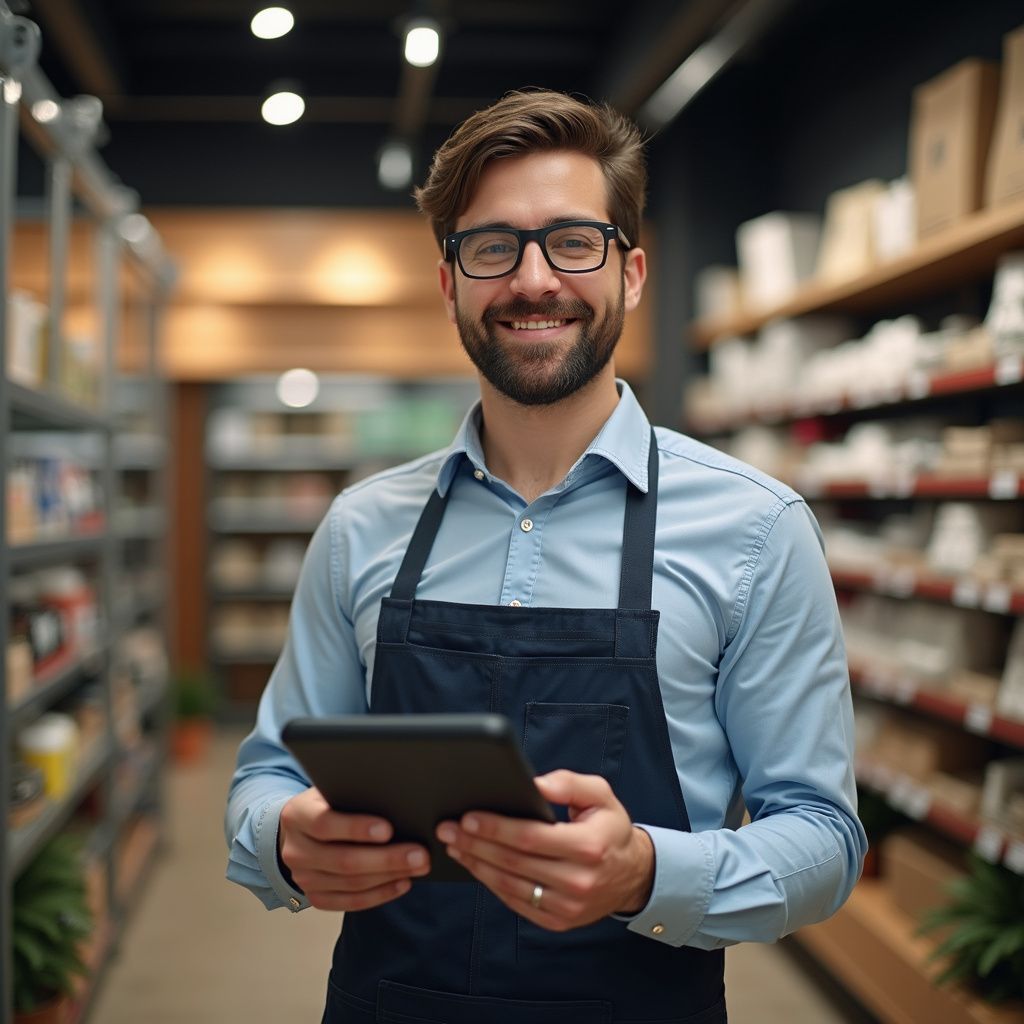Homem vestindo avental, segurando um tablet e sorrindo em um supermercado.