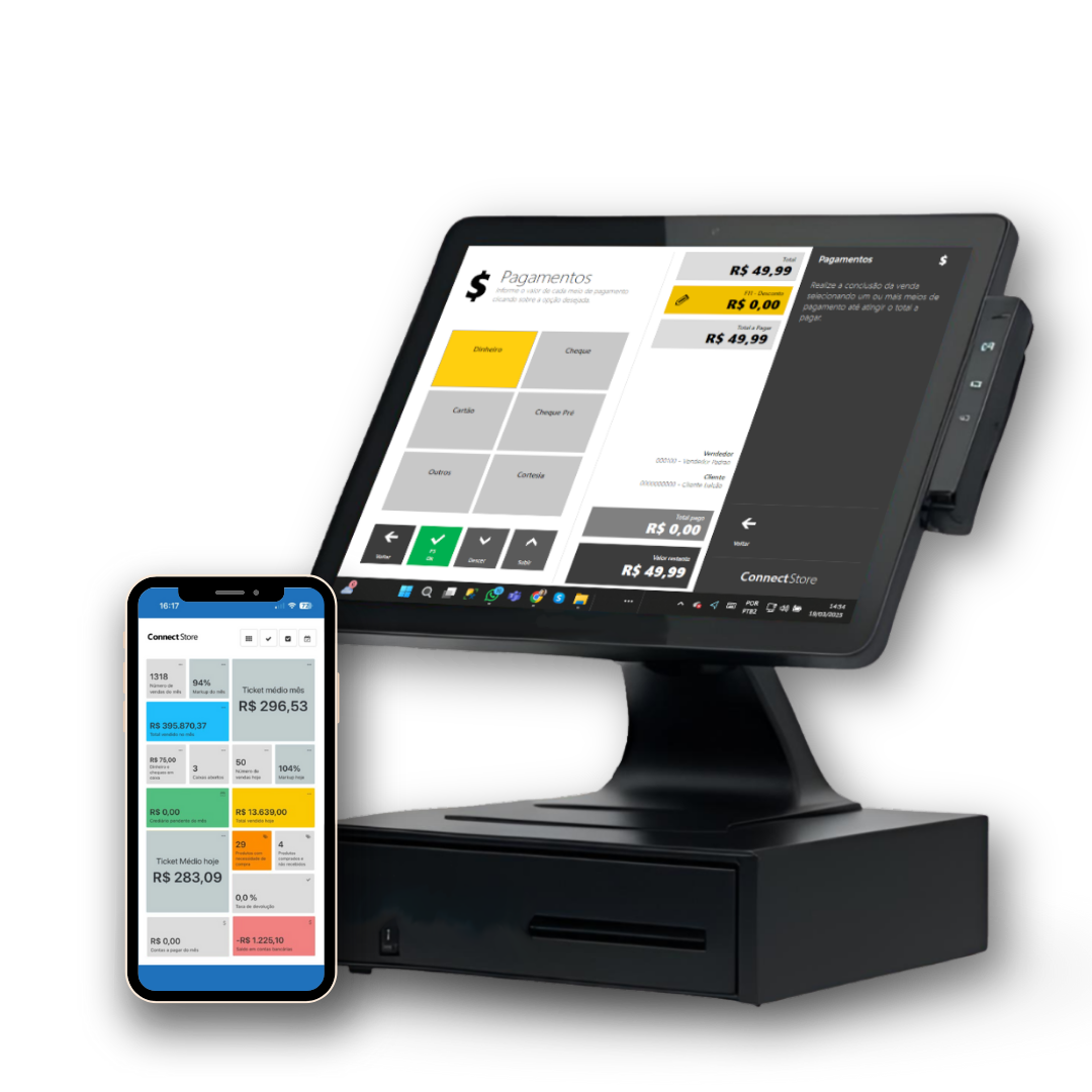ConnectStore o sistema para sua loja. Um monitor de computador e um celular estão um ao lado do outro.