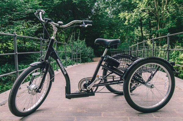 Sort trehjulet cykel til voksne på en stensti med et metalrækværk, træer i baggrunden.