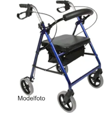 Blå firehjulet rollator med sæde, håndbremser og opbevaringstaske.