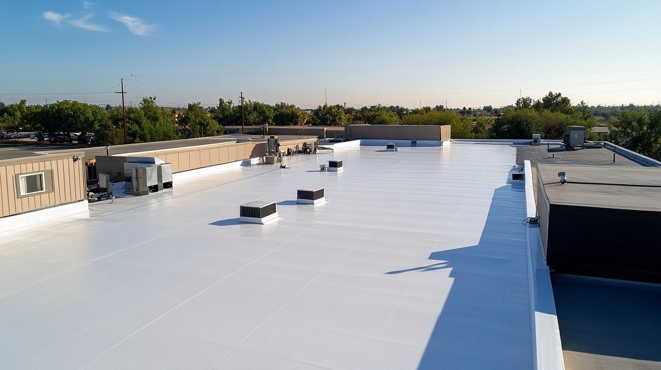 Commercial roofer heat welding PVC membrane seams in Auburndale, Florida