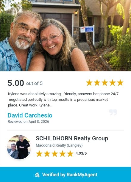 Happy couple smiling outdoors above 5-star reviews for David Carchesio and Schildhorn Realty Group