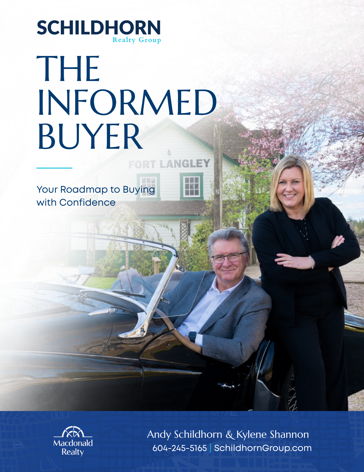 Book cover for “The Informed Buyer” by Schildhorn, featuring two people beside a black car in front of a home.