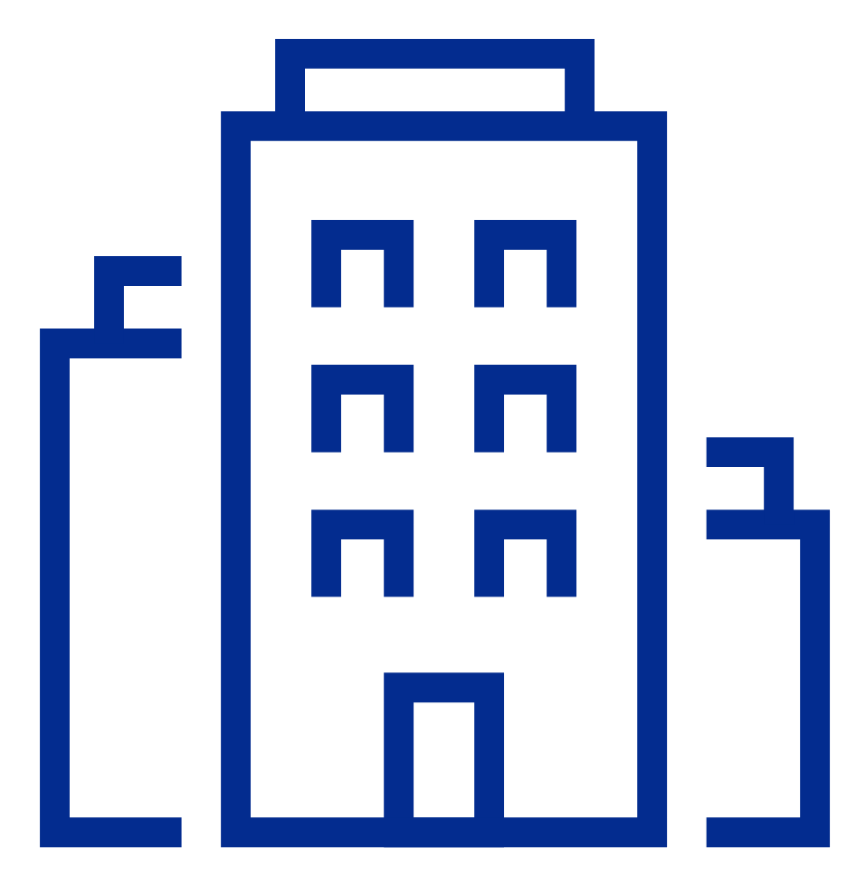Blue outline icon of a tall building with windows, flanked by two smaller buildings