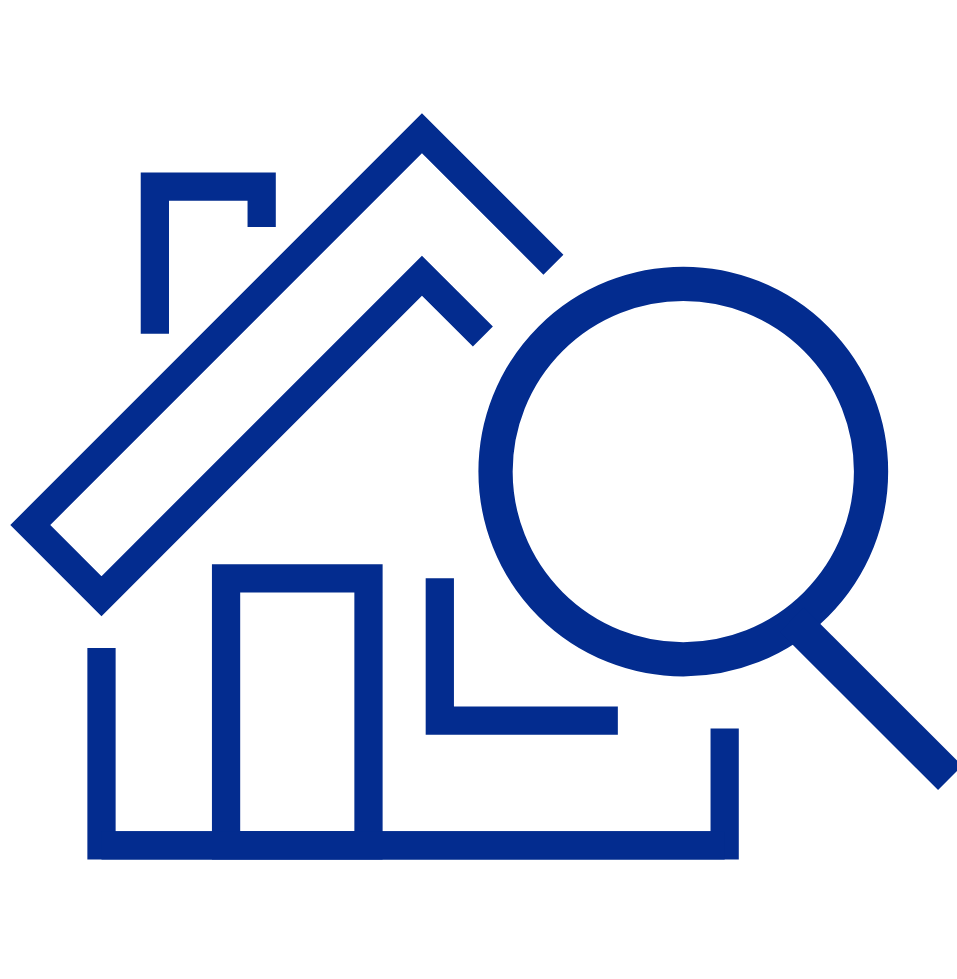 Blue house outline with a magnifying glass, suggesting home search or inspection