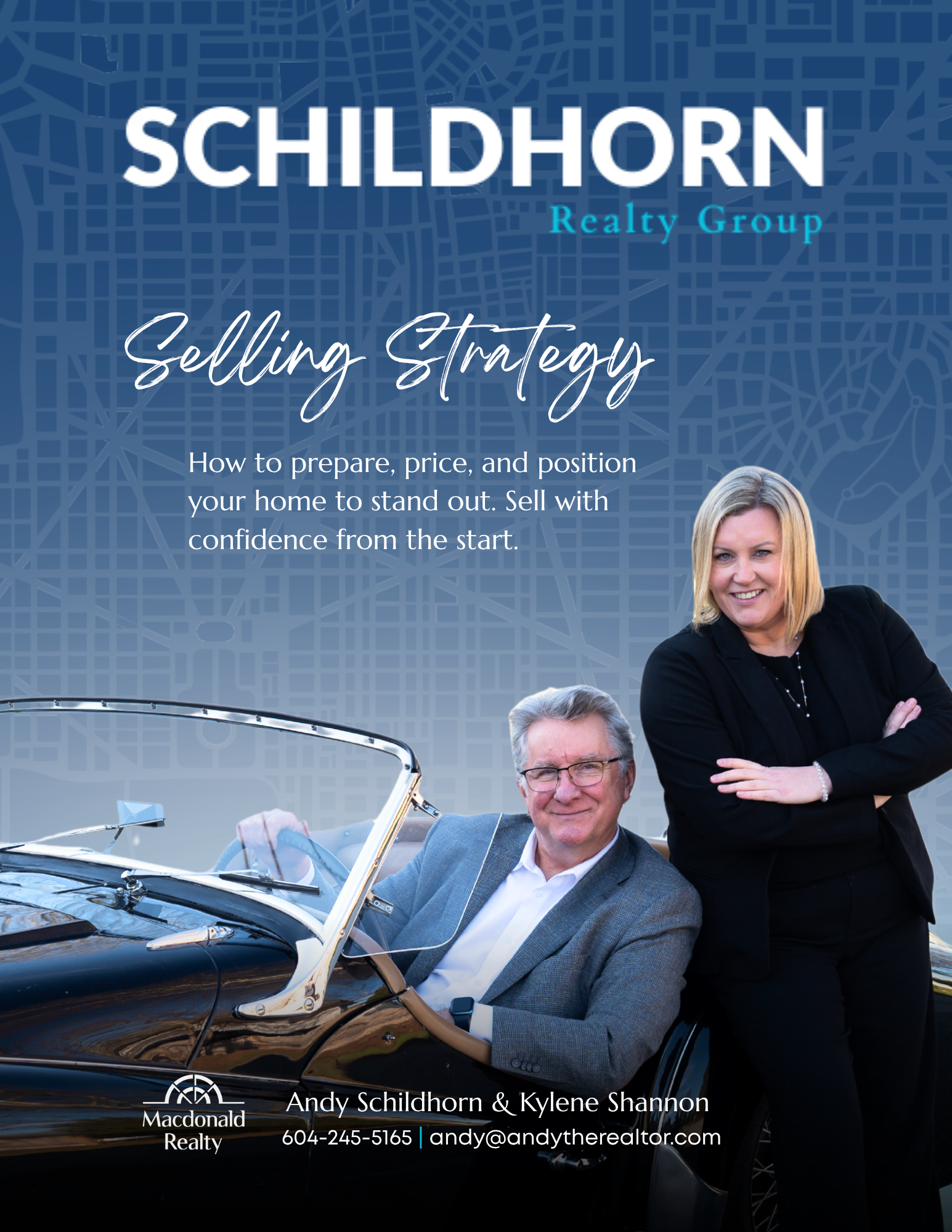 Two people on a boat with “SCHILDHORN Realty Group” and “Selling Strategy” text on a blue background