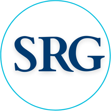 Blue “SRG” letters inside a thin cyan circle on a white background