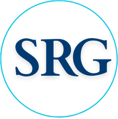 Blue “SRG” letters inside a thin cyan circle on a white background
