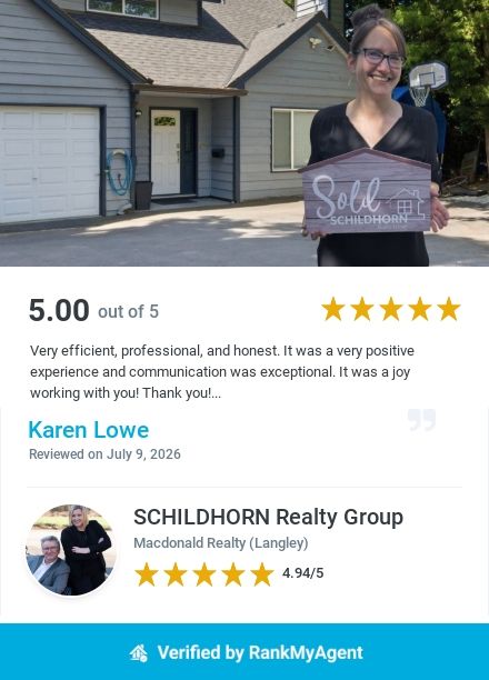 Happy woman holding a “Sold” sign outside a house with a garage and review rating overlay.