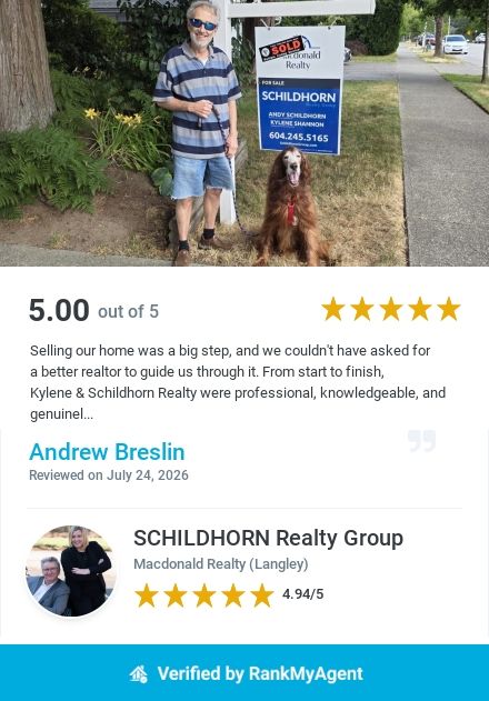 Man holding a 5-star real estate review sign beside a yard sign by the sidewalk