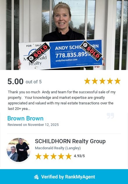 Woman holding real estate signs behind 5-star reviews and a Rank My Agent verification badge
