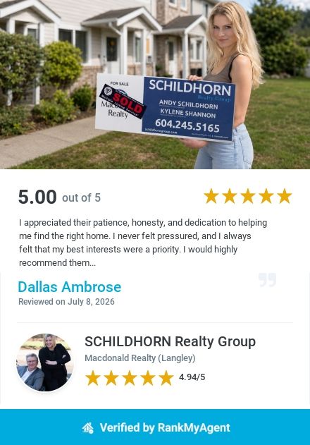 Woman holding a SCHILDHORN real estate sign with a 5-star client review overlay and contact details